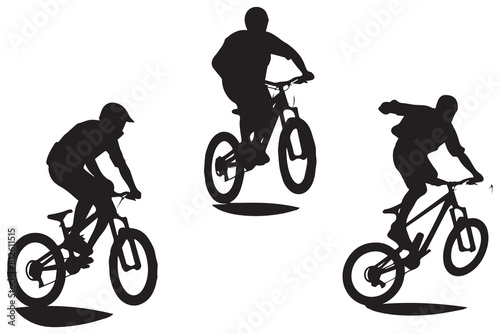 Black silhouettes of bicyclist rider jumping on a white background
