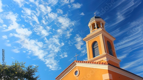 Scenic McAllen Texas: Church Bell Tower with Cross and Blue Sky Background - A Religious Building photo