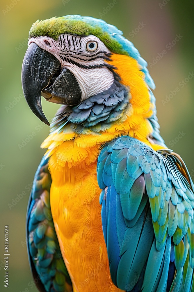 Obraz premium Closeup of the head and neck of an exotic blue and yellow macaw.