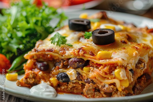 Closeup Shot of Delicious Mexican Lasagna Dish with Beef and Corn Tortillas, Served on a Plate with