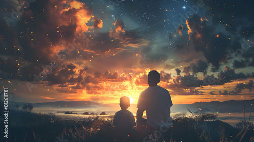 fathers day silhouette with dad and son on background.father and child in the sunset card design.generative ai photo