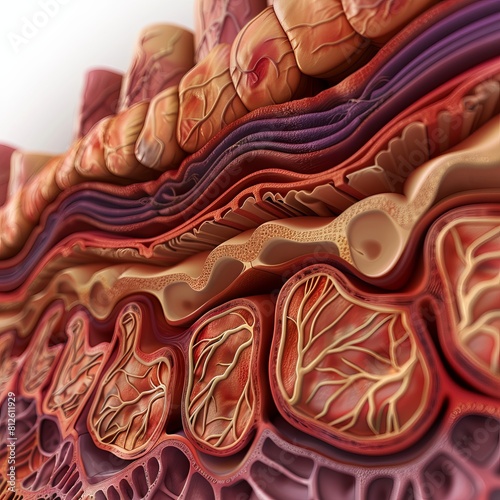 3D illustration of a cross section of human skin showing the layers of the epidermis, dermis, and hypodermis. photo