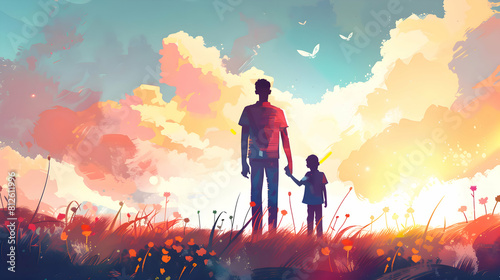 Happy father's day banner with Silhouette dad and son illustration background.generative ai