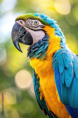 Closeup of the head and neck of an exotic blue and yellow macaw.