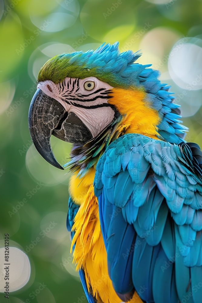 Fototapeta premium Closeup of the head and neck of an exotic blue and yellow macaw.