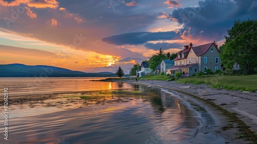 Houses on Waterfront Facing St. Lawrence River in Kamouraska, Quebec at Sunset - Canada's Beautiful