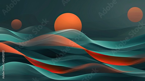 A painting of a body of water with three orange suns in the sky