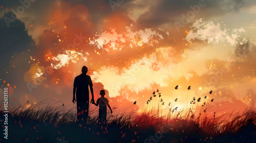 fathers day silhouette with dad and son on background.father and child in the sunset card design.generative ai