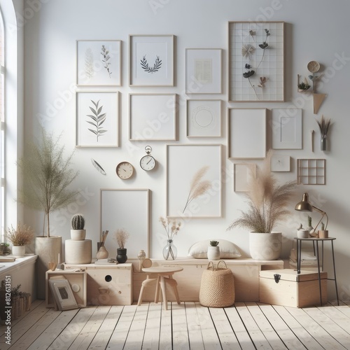 A Room with a template mockup poster empty white and with a wall of pictures and plants realistic attractive lively.