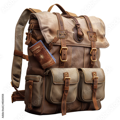 Travel backpack with hidden compartments for valuables like passports or wallets, isolated on transparent background.PNG File. 