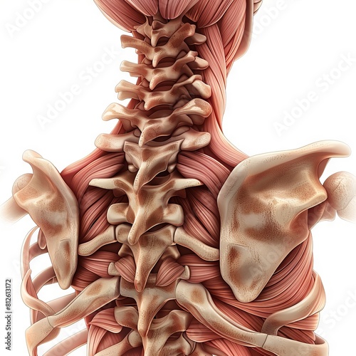 Human back muscles and spine, detailed