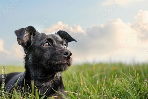 Patterdale Terrier Relaxing on a Picnic Rug in the Grass of the Countryside, Under a Beautiful Sky photo