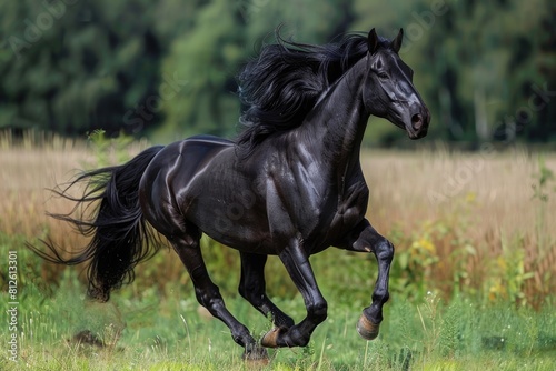 Fast Running Black Dutch Warmblood Horse with Majestic Mane and Powerful Action photo