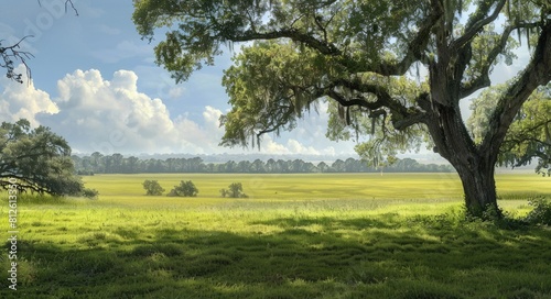 Ocala Horse Grazing in Stunning Green Field Landscape under Blue Sky with Trees in Background