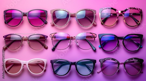 Beach accessories on the colorful and flat background sunglasses. Summer is coming concept. Sunglasses background. High quality AI generated image