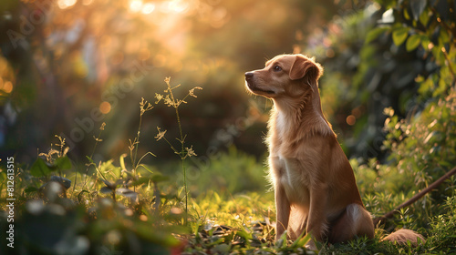 A brown dog sits in the grass, looking up at the sky. photo