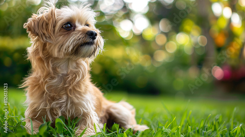 A small, fluffy dog sits on a grassy field, gazing curiously photo