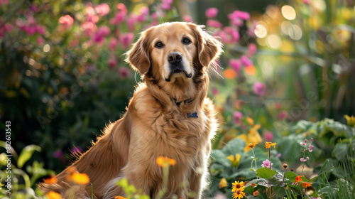 A golden retriever dog playfully sits in a field of wildflowers