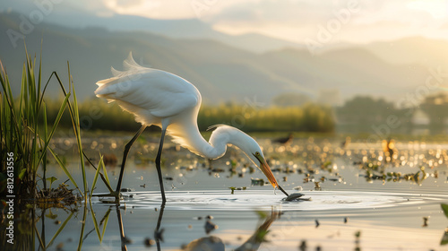 A white egret wading in a lake catches a fish in its beak photo