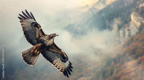A large bird of prey, possibly a hawk, soars through a sky