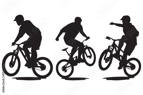 Black silhouettes of bicyclist rider jumping on a white background