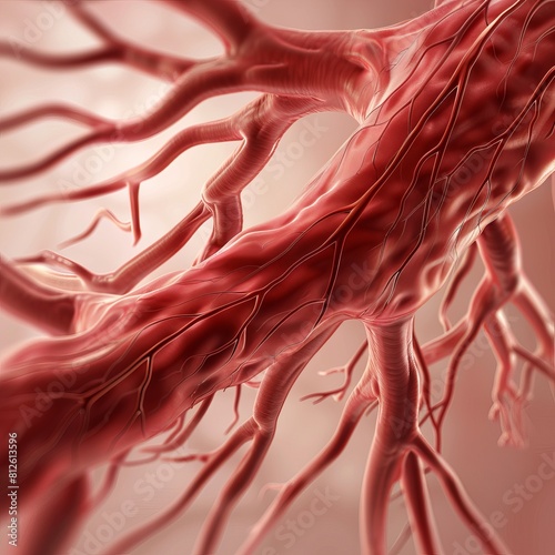 The image is a 3D rendering of a blood vessel. It is a detailed and realistic model, showing the intricate branching of the vessel and the smooth muscle cells that line its walls. photo