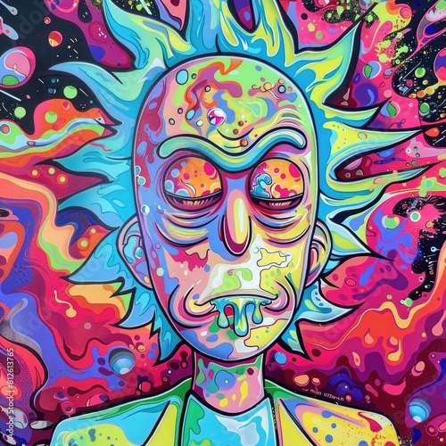 Psychedelic Art Design of Rick and Morty Cartoon Characters in Hallucinogenic Style