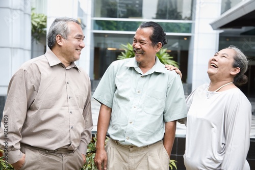 Fotografie Group of happy smiling old senior friends talking, having a good time together,