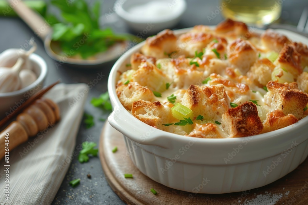 A delicious casserole dish topped with cheese and green onions. Perfect for food blogs or recipe websites