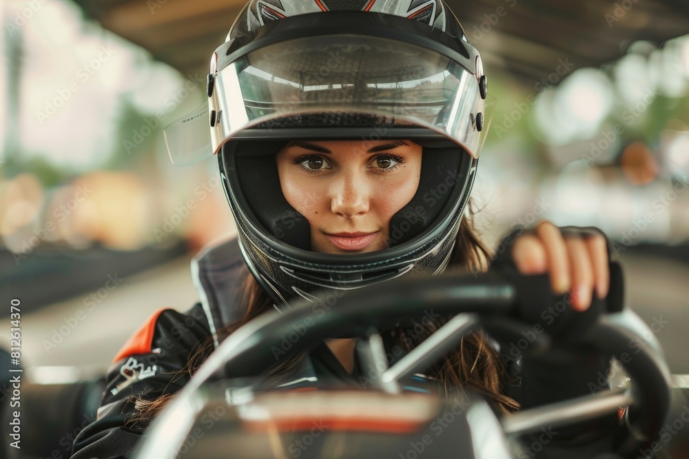 Person riding go-kart on racing track, perfect for sports and entertainment concepts. Beautiful simple AI generated image in 4K, unique. Person riding go-kart on racing track, perfect for sports and entertainment concepts. Beautiful simple AI generated image in 4K, unique.