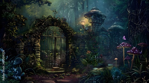 Enchanted Fairy Tale Forest with Glowing Mushrooms and Mystical Arch Gateway