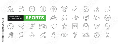 Set of 36 Sports line icons set. Sports outline icons with editable stroke collection. Includes Cricket, Football, Ping Pong, Baseball, E-Sports, and More.	