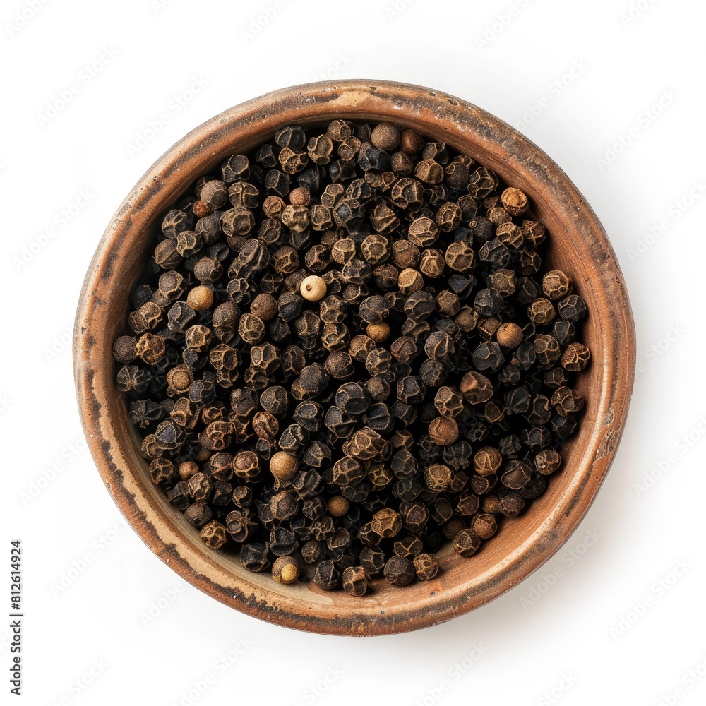 Organic Tellicherry Black Pepper in Ceramic Bowl. Top View Isolated on White Background - Premium Organic Tellicherry Black Pepper in Ceramic Bowl. Top View Isolated on White Background - Premium