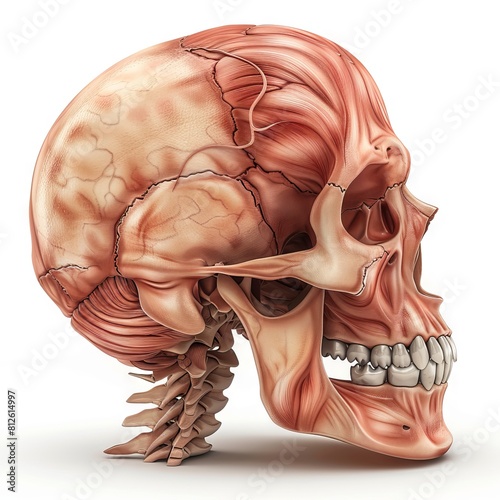 This is a detailed and realistic illustration of a human skull. The skull is shown in profile, and all of the major bones and muscles are labeled. photo