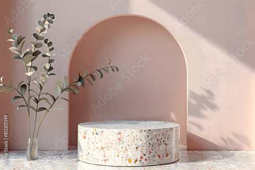 errazzo marble podium on pastel colour background for product presentation. Natural beauty pedestal, relaxation and health, 3d illustration. Generative Ai. photo