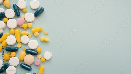Top down view of pharmaceutical pills. Colourful prescription tablets on a plain background. Copy space for text. Marketing healthcare banner with empty space on righ side