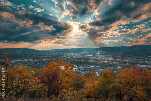 Altoona Pennsylvania City Landscape with Dramatic Blue Skies  Sun Rays and Mountain Vista in Autumn