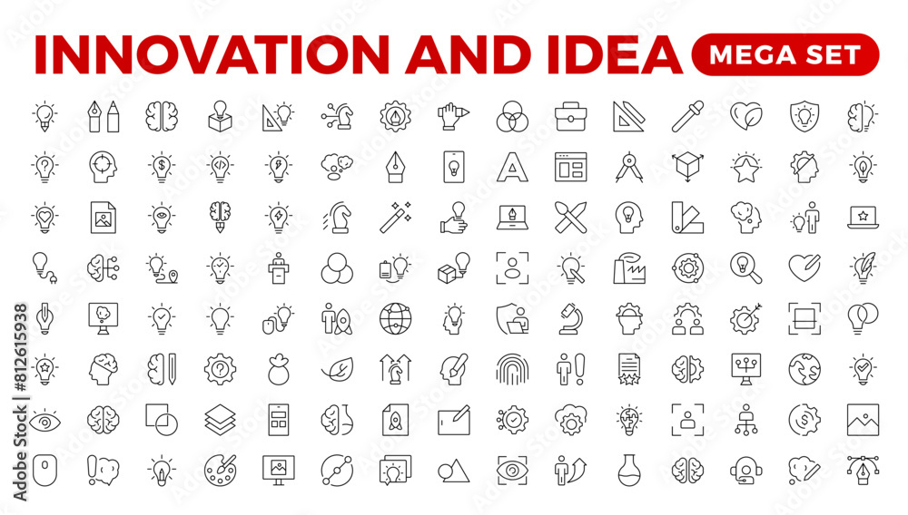 Innovation line icons collection. Technology, creative, icons. UI icon set. Thin outline pack. Idea Creative idea, brainstorming, solution, thinking and innovation Lightbulb with brain outline icon. Innovation line icons collection. Technology, creative, icons. UI icon set. Thin outline pack. Idea Creative idea, brainstorming, solution, thinking and innovation Lightbulb with brain outline icon.