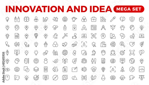 Innovation line icons collection. Technology, creative, icons. UI icon set. Thin outline pack. Idea Creative idea, brainstorming, solution, thinking and innovation Lightbulb with brain outline icon.