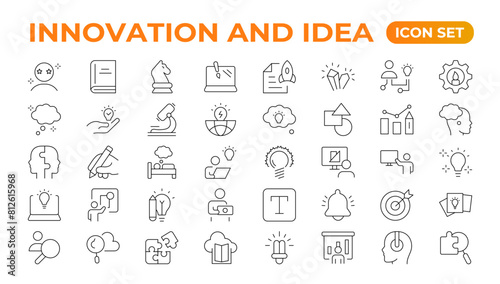 Innovation line icons collection. Technology, creative, icons. UI icon set. Thin outline pack. Idea Creative idea, brainstorming, solution, thinking and innovation Lightbulb with brain outline icon.