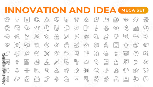 Innovation line icons collection. Technology, creative, icons. UI icon set. Thin outline pack. Idea Creative idea, brainstorming, solution, thinking and innovation Lightbulb with brain outline icon.