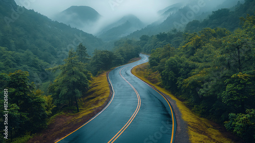 Aerial view on the road between green hills and trees.