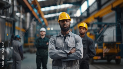 A group of working engineers teamwork, mixed race people in heavy industry, standing next to each other and looking at us, somewhere in a warehouse