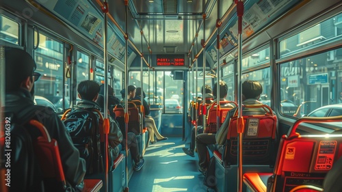 Public transport, bus and passengers, inside view photo