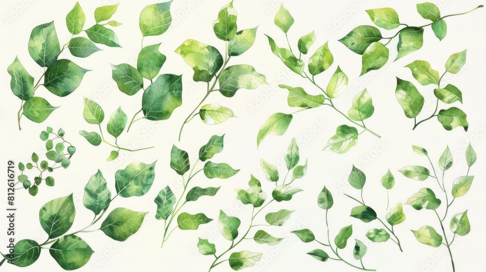 Fresh green leaves isolated on a clean white background. Perfect for use in botanical or nature-themed designs Fresh green leaves isolated on a clean white background. Perfect for use in botanical or nature-themed designs