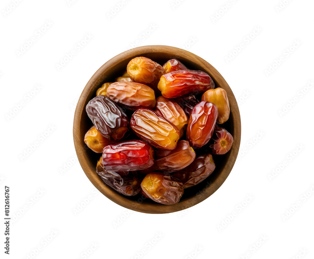 Obraz premium Date fruits with palm leaves and date fruit in wooden bowl isolated on a transparent background Ai generative.