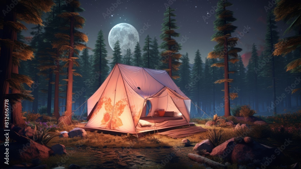 Engage viewers in a surreal camping trip where AR unveils hidden societal messages in nature Design an immersive digital scene featuring a tent amidst a tranquil forest setting Engage viewers in a surreal camping trip where AR unveils hidden societal messages in nature Design an immersive digital scene featuring a tent amidst a tranquil forest setting