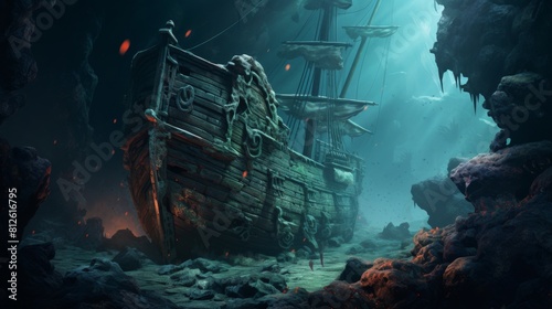 Explore eerie underwater realms teeming with ghostly shipwrecks in a watercolor masterpiece capturing the play of light on ancient coral formations The worms-eye view creates a sen