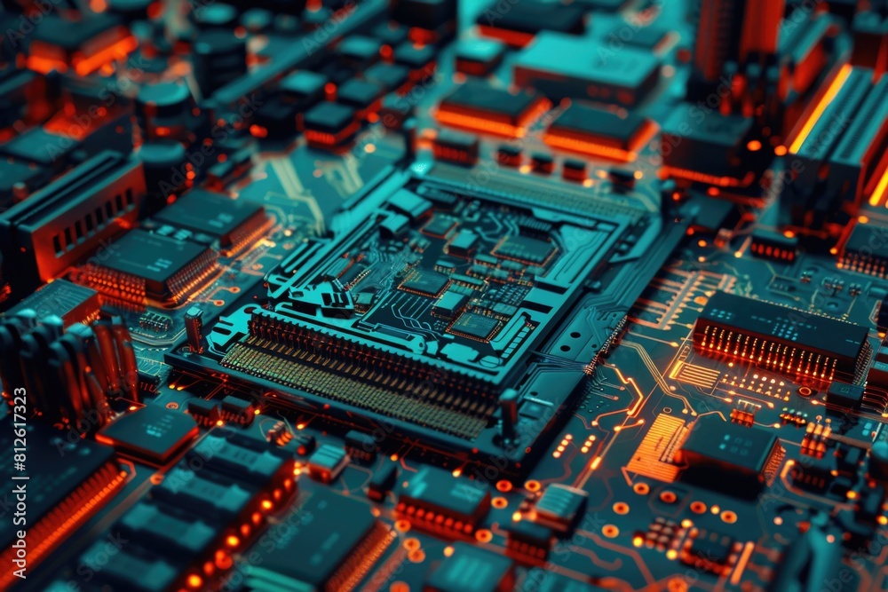 Detailed view of a computer motherboard, ideal for technology concepts Detailed view of a computer motherboard, ideal for technology concepts