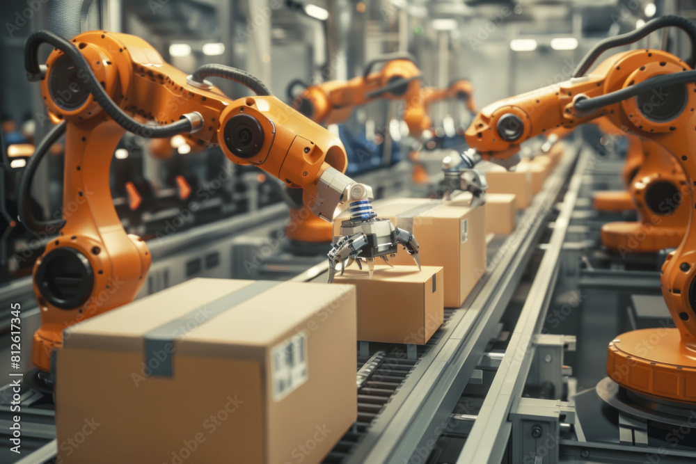 Automatic robot arm sorts cardboard boxes on a conveyor line. AI generated